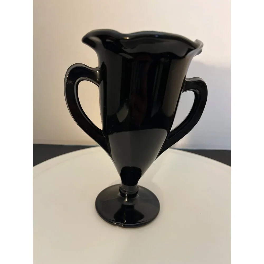 Vintage Black Glass Trophy Vase 2 Handles Round Base Ruffled Top 5 3/4” High